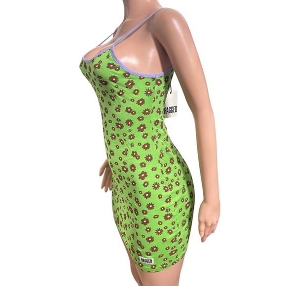 NWT THE RAGGED PRIEST Women’s Green Daisy Print Mini Dress - Picture 4 of 16
